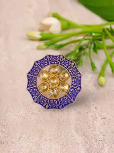 Crunchy Fashion Gold-Plated White Stone-Studded Blue Enameled Antique Finger Ring