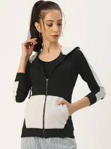 ARISE Women Black & White Colourblocked Hooded Sweatshirt