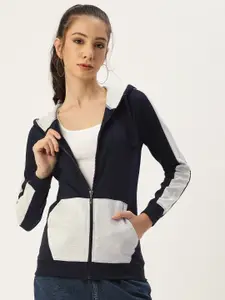 ARISE Women Navy Blue & White Colourblocked Hooded Pure Cotton Sweatshirt