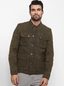 Royal Enfield Men Olive Green Waxed Coated Tailored Jacket
