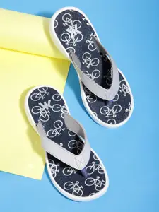 Kook N Keech Women Grey & Navy Blue Printed Thong Flip-Flops