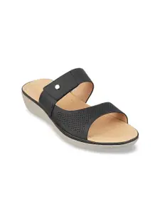 Metro Black Textured Wedge Sandals with Laser Cuts