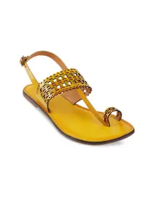 Metro Women Yellow Embellished One Toe Flats with Laser Cuts