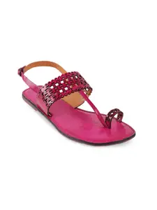 Metro Women Pink T-Strap Leather Flats with Laser Cuts