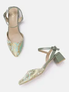 House of Pataudi Women Sea Green & Gold-Toned Woven Design Handcrafted Pumps
