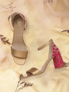 House of Pataudi Gold-Toned & Pink Woven Design Handcrafted Block Heels