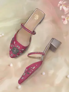 House of Pataudi Magenta & Silver-Toned Embellished Handcrafted Block Heels