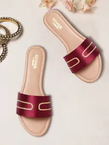 Anouk Women Maroon & Gold-Toned Textured Open Toe Flats