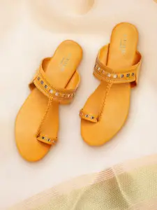 Anouk Women Mustard Solid Braided Design One Toe Flats