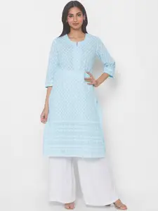 ZOLA Women Turquoise Blue & White Ethnic Motifs Embroidered Chikankari Pure Cotton Kurta