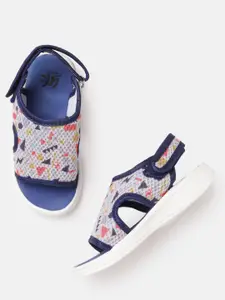 YK Girls White & Navy Blue Printed Sports Sandals