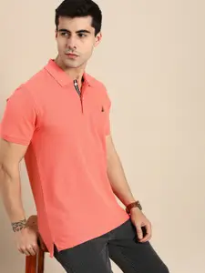 Nautica Men Coral Pink Polo Collar Pure Cotton Slim Fit T-shirt