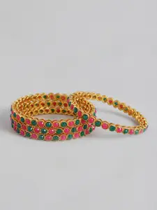 AccessHer Pink & Green 22kt Gold-Plated Set of 4 Studded Sustainable Handcrafted Bangles