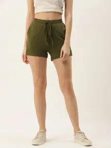 BRINNS Women Olive Green Solid Mid Waist Above Knee Regular Shorts