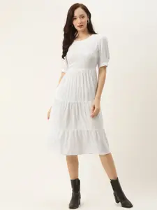 BRINNS White Solid Puff Sleeves Tiered Flared Dress