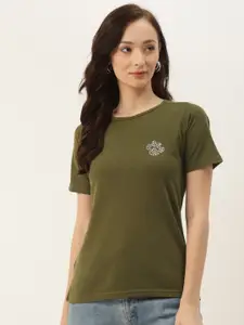 BRINNS Women Olive Green Solid SHort Sleeved Regular T-shirt