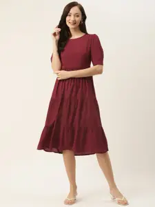 BRINNS Maroon Solid Puff Sleeves Tiered A-Line Dress