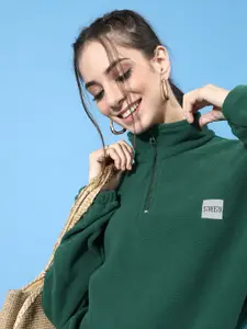 STREET 9 Women Green Solid Fleece Sweatshirt