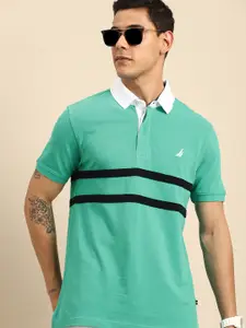 Nautica Men Turquoise Blue Striped Pure Cotton Polo Collar T-shirt