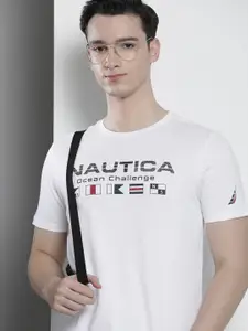 Nautica Men Brand Logo Print Round Neck Pure Cotton T-shirt