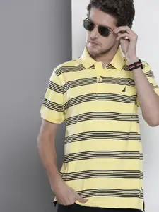 Nautica Men Yellow & Navy Blue Striped Polo Collar Pure Cotton T-shirt