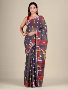 Mitera Grey & Red Woven Design Silk Cotton Jamdani Saree