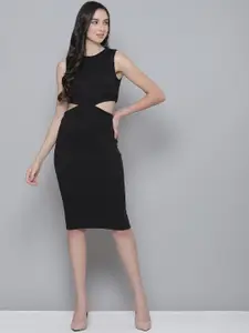 SASSAFRAS Black Ribbed Cut-Out Bodycon Dress