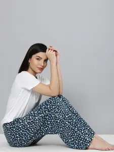 Chemistry Chemistry Women Teal Blue & Off-White Printed Lounge Pants