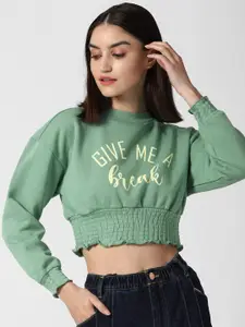 FOREVER 21 Women Printed Smocked Cropped Sweatshirt