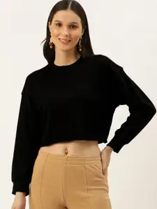 FOREVER 21 Women Black Solid Round Neck Crop Sweatshirt