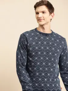 United Colors of Benetton Men Navy Blue & White Pure Cotton Printed Pullover