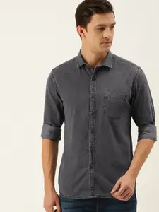 Flying Machine Men Grey Solid Slim Fit Pure Cotton Casual Shirt