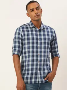 Flying Machine Men Blue And White Slim Fit Tartan Checked Pure Cotton Casual Shirt