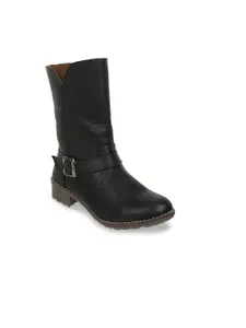 SHUZ TOUCH Black Block Heeled Boots with Buckles