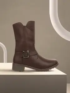 SHUZ TOUCH Brown Block Heeled Boots With Buckles
