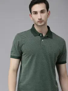 Arrow Sport Men Green & White Striped Polo Collar T-shirt