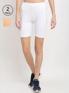Miaz Lifestyle Women Pack Of 2 Beige & White Sports Shorts