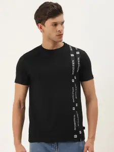 Rodzen Men Black Brand Logo Printed Applique Slim Fit T-shirt
