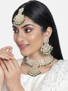 I Jewels Gold Plated Pearl Kundan Studded Choker Necklace Jewellery Set