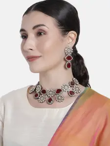 I Jewels Gold Plated Maroon Stone & Kundan Necklace Jewellery Set