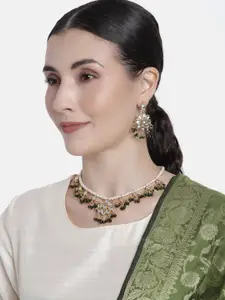 I Jewels Gold Plated Kundan & Pearl Moti Mala Necklace Jewellery Set