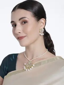 I Jewels Gold Plated Kundan & Pearl Studded & Beaded Moti Mala Necklace Jewellery Set