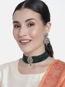 I Jewels Green Gold-Plated Beaded Choker & Earring Jewellery Set