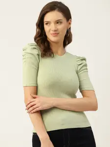 Marc Loire Green Pure Cotton Fitted Ribbed Top