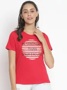 Marc Loire Women Red Typography Printed Applique T-shirt