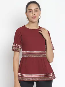 Marc Loire Maroon & White Embroidered Crepe A-Line Top