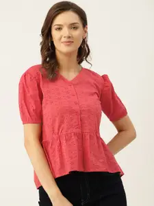 Marc Loire Women Coral Red Schiffli Embroidered Cotton A-Line Top