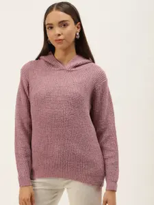 BROOWL Women Pink Woollen Hooded Pullover