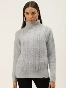 BROOWL Women Grey Cable Knit Woollen Pullover