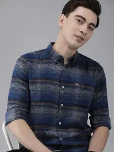 THE BEAR HOUSE Men Navy Blue Slim Fit Tartan Checked Flannel Pure Cotton Casual Shirt